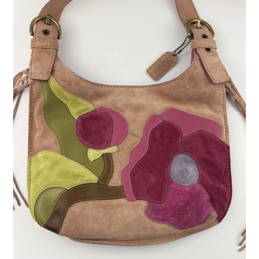 2004 COACH POPPIES SUEDE LEATHER HIPPIE BAG PINK SHOULDER CROSS BODY HOBO